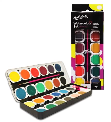 MONT MARTE Acuarelas - 26 piezas - Colores brillantes - Alta pigmentación - Ideal para pintura de Acuarela - Perfecto para Principiantes, Alumnos y Estudiantes
