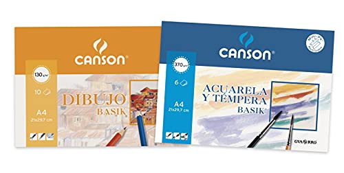Canson - 1 Minipack A4 de 10 hojas Dibujo Basik 130 g y 1 Minipack A4 de 6 hojas Acuarela Basik 370 g