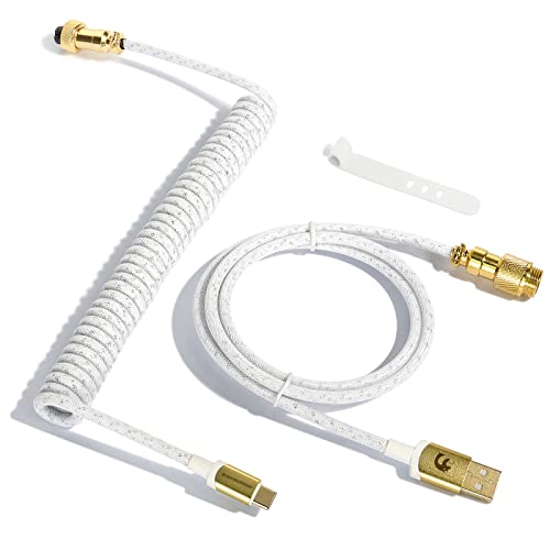 MAMBASNAKE C03 Cable USB C en Espiral para Teclado de Juegos, Tipo C a USB A Starlight Nailon Braided Coiled Cable para Teclado Mecánico, Cable USB Tipo C 24K-Gold Conector de Aviador Extraíble-Blanco