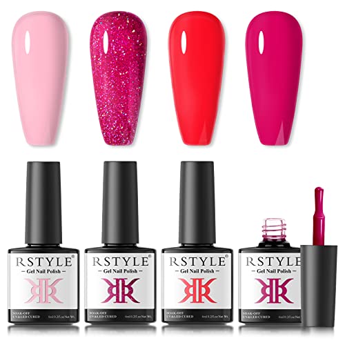 RSTYLE Esmaltes Pintauñas Semipermanentes, 4 Colores para uñasde Permanentes uñas Blanco Azul Gel Soak Off UV LED Nail Art Manicura DIY Set rosa rojo