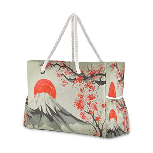 Mnsruu - Bolsa de playa XXL, con pintura tradicional japonesa, asas de cuerda de algodón, bolsa de viaje para mujer