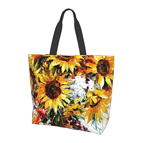 Juego Cotizaciones Bolsa de compras grande, bolsas reutilizables para mujer, bolsos de hombro de viaje, playa, trabajo y compras, Pintura al óleo Girasol, Talla única