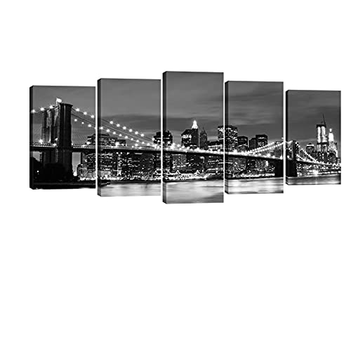 Wieco Art Brooklyn Bridge Night View 5 paneles Modern Paisaje Artwork Canvas Prints Abstractos Sensation to Photo Paintings on Canvas Art for Home Decor Wall Decor