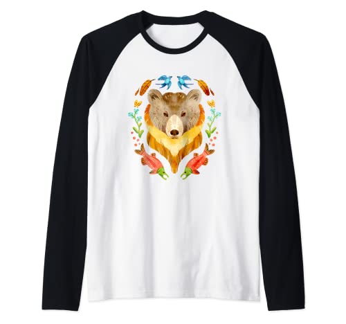 Oso Grizzly Gouache Salmón Flores Naturaleza Camping Pesca Camiseta Manga Raglan