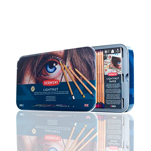 Derwent Lightfast Pencils Juego de 100 Lápices de Colores a Base de Aceite 100% Resistente a la Luz en 1 Caja Metálica