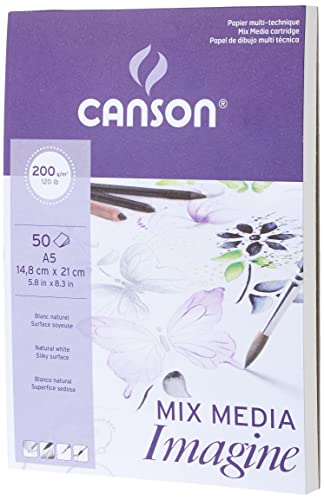 Canson Imagine, Papel Mixed Media, Grando ligero, 200g, Encolados por el lado corto, A5-14,8x21cm, Blanco natural, 50 Hojas