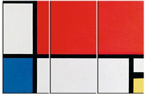 1art1 Piet Mondrian Póster Impresión En Lienzo Composición II En Rojo, Azul Y Amarillo, 1930, 3 Partes Cuadro En Bastidor De Camilla De Madera | Mural XXL | Imagen 180x120 cm