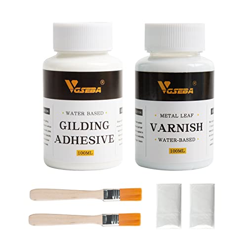VGSEBA adhesivo para dorar, cola de pan de oro a base de agua y barniz para proteger la lámina de oro de la oxidación(3.4oz+3.4oz,cepillo + guantes como regalo)