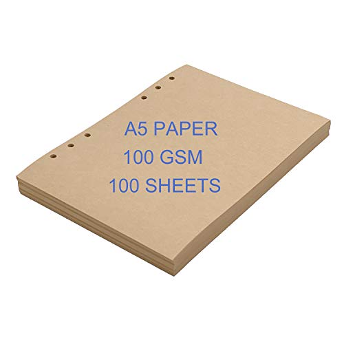 Papel A5, A5 Recargas de Papel Kraft 100 gsm Páginas de Hojas Sueltas para 6 Agujeros Carpeta de Anillas Recargable Cuaderno de Hojas A5 Planificador de Diario, 100 Hojas de Papel / 200 Páginas