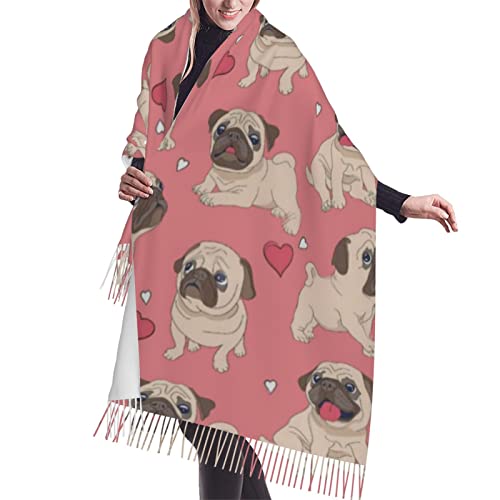 QQIAEJIA Bufanda suave chales con borla de dibujos animados cachorro pug perro corazón mujeres moda cachemira cabeza bufanda, Como se muestra en la imagen, talla única