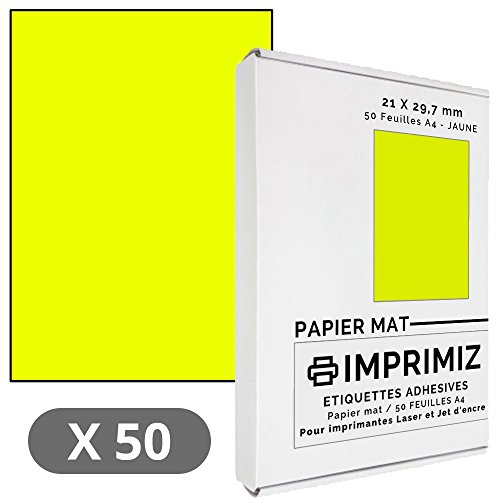 50 hojas adhesivas amarillas neón – 210 x 297 mm – mate – para impresoras láser y de inyección de tinta – 50 hojas A4 autoadhesivas