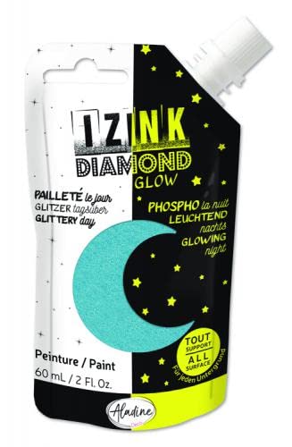 Aladine - Izink Diamond Glow - Pintura con purpurina, fosforescente por la noche - Ultra cubriente, todo soporte - DIY y ocio creativos - Botella flexible 60 ml - Azul cielo