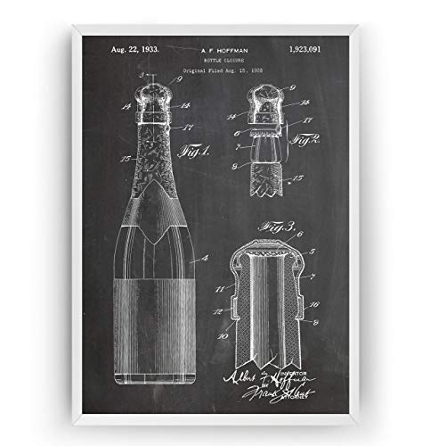 Wine or Champagne Bottle 1933 Patent Print - Kitchen Dining Room Pub Bar Póster Con Diseños Patentes Decoración de Hogar Inventos Carteles - Marco No Incluido
