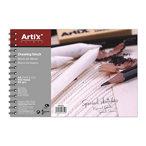 ARTIX, Bloc de Dibujo, Tamaño A5, 100 Hojas de 90grs, Bloc de Bocetos con Espiral, 21x14.5 cm, Ideal para Dibujar con Carboncillo, Lápiz, Rotulador, Ceras o Pinturas