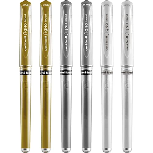Uni Ball Signo - Bolígrafo de tinta de gel metálico (punta de 1 mm, 0,65 mm, ancho de línea con agarre de goma, 6 unidades, color blanco, plateado y dorado