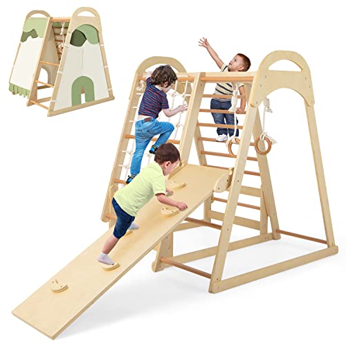 LIFEZEAL Triángulo de Escalada 6 en 1 para Interior, Parque Infantil con tobogán de Madera, Red de Escalada, Anillas y casita de Juegos, Juguetes de Escalada para niños a Partir de 3 años