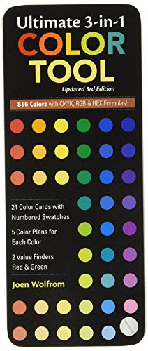 Ultimate 3-in-1 Color Tool 3rd Edition: • 24 Color Cards with Numbered Swatches • 5 Color Plans for Each Color • 2 Value Finders Red & Green • 816 Colors with Cmyk, Rgb & Hex Formula