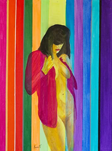 Cuadro en lienzo pintado a mano en colores acrílicos, titulado Mujer desnuda sobre fondo de rayas de medidas 54X72X2 cm. No necesita marco. Artista Ernest Carneado Ferreri