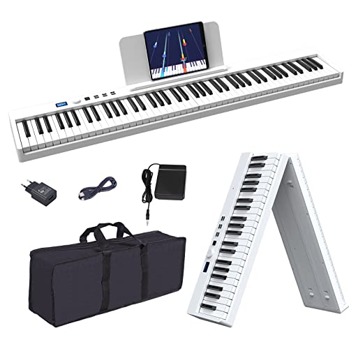 OYAYO Piano con 88 teclas plegable con pantalla LCD y teclas semiponderadas, soporte MIDI Bluetooth, teclado de piano digital con bolsillo para piano para niños, regalo de cumpleaños (blanco)
