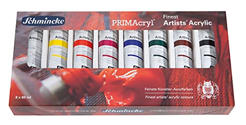 Schmincke - PRIMAcryl®pintura acrílica fina, surtido básico 8 x 60 ml, 73002097,set en caja de cartón, alta pigmentación, brillo, opaciodad, rendimiento