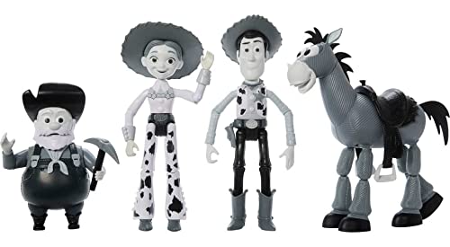 Disney Pixar Toy Story Woody Roundup Pack 4 figuras en blanco y negro, Woody Jessie Bullseye Stinky Pete personajes monocromáticos de película escala de 7 pulgadas [Exclusivo de Amazon]