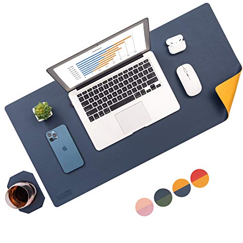Alfombrilla de escritorio de cuero PU de doble cara, alfombrilla de escritorio para portátil con patas, alfombrilla de escritorio impermeable para la oficina o el hogar (azul y amarillo, 60 x 35)