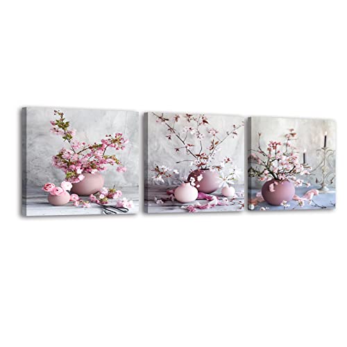 Piy Painting Set de 3 HD Impresiones sobre lienzo de tema rosa, Cuadro decoración de Cerezo, Flor de melocotón Pintura contemporánea enmarcada para Hogar Cocina Dormitorio como Regalo 30x30cm