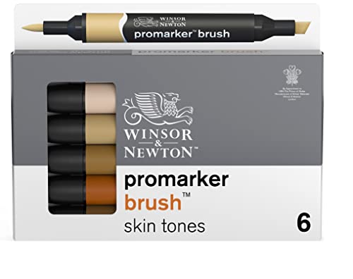 Winsor & Newton Promarker Brush - Set de 6 Rotuladores de Doble Punta, Punta Pincel, Tinta Base Alcohol, Tonos Carne