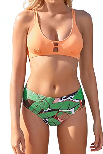 SHEKINI Bikini De Dos Piezas para Mujer Escote Redondo Tirantes Dobles Cintura Superior Estampado De Flores Parte Inferior De Bikini Espalda Cruzada Bikini De Playa De Gran TamañO (Naranja Claro, M)