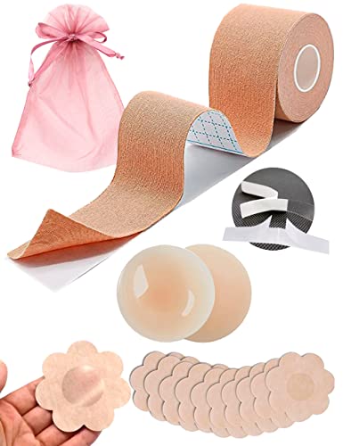 GLINDIHOME Pack 5 metros de Cinta Adhesiva Pecho. Incluye 1 par de Pezoneras Adhesivas Invisibles, 36 tiras de Cinta doble cara ropa, 5 pares de pezoneras protectoras. Boob tape, cinta pecho mujer.