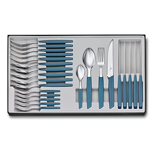 Victorinox Swiss Modern - Cubertería de 24 piezas (cuchillo de carne, tenedor, cuchara de mesa, cuchara de café, acero inoxidable), color azul