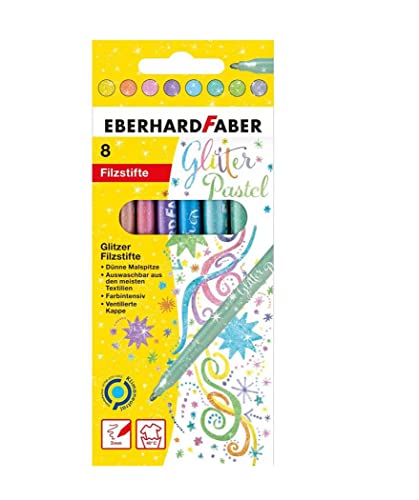 Eberhard Faber 551009 - Rotuladores con purpurina en 8 colores pastel intensos, grosor de mina 3 mm, lavables en caja de cartón, para decorar, dibujar, hacer manualidades y escribir