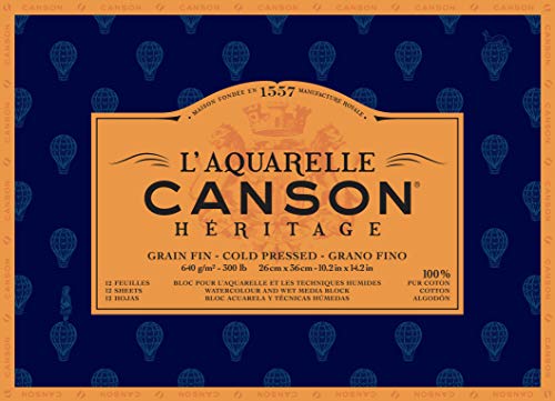 Canson Heritage, Papel de acuarela, Prensado en frío, 640g, Block pegado a 4 lados, 26x36cm, Blanco, 20 Hojas