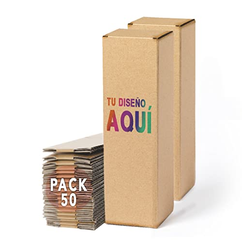 Pack 50 Cajas de Cartón Personalizadas - Logo o Frase que Elijas en el Frontal - La Mejor Forma de Presentar Botellas, Termos y otros Regalos de Eventos, 8x26,7x8cm | Kraft