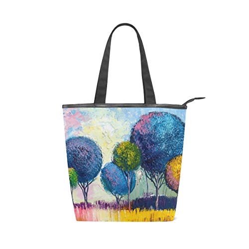 Mnsruu Bolso de lona grande para playa, bolsa de hombro de la compra, pintura al óleo, colorido, árbol de verano, vacaciones, con cremallera, para mujer