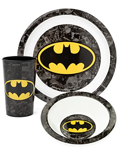 DC Comics Batman 3 Piece Dinnerware Set | Vajilla para niños PP Plato Tazón y vaso | Logotipo de superhéroe de tira cómica | Niños Niñas Negro Amarillo Mercancía