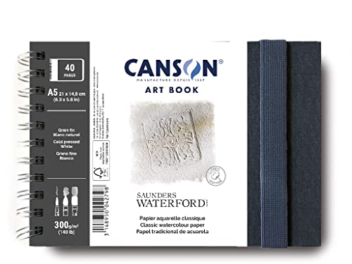 Canson Professional Book, Papel Acuarela, Grano Fino, 300g, Cuaderno Espiral, A5-14,8x21 cm, 20 hojas, Blanco Natural