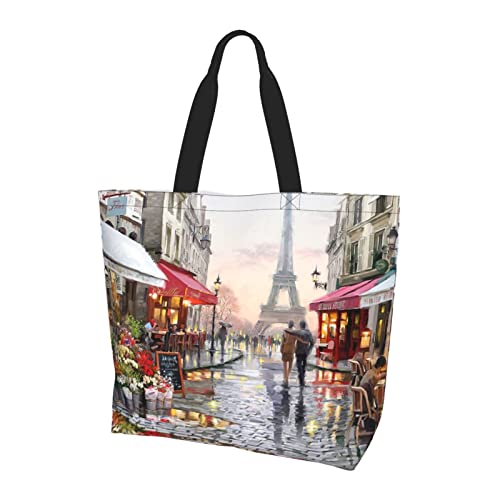 MAZBIT Pintura al óleo París Street Scene Eiffel Tower Mujer Moda Bolsa de la compra para viajes diarios de compras, Pintura al óleo París Street Scene Torre Eiffel, Talla única