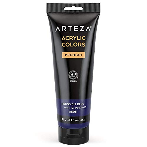 ARTEZA Pintura Acrílica Premium, Azul de Prusia A505, Tubo de 250 ml, Pigmento Intenso, Pintura sin Tóxicos ni Decoloración para Artistas y Pintores Amateur, Materiales de Arte para Pintar en Lienzo