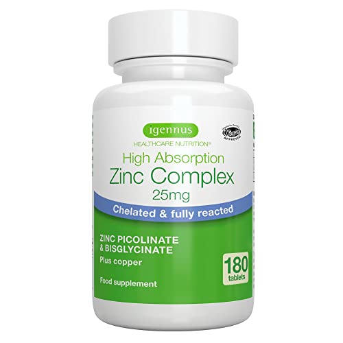 Zinc quelado 25 mg - Suplemento de Alta Absorción con Cobre, picolinato y bisglicinato, refuerzo salud inmunológica, celular y de la piel, 180 comprimidos veganos