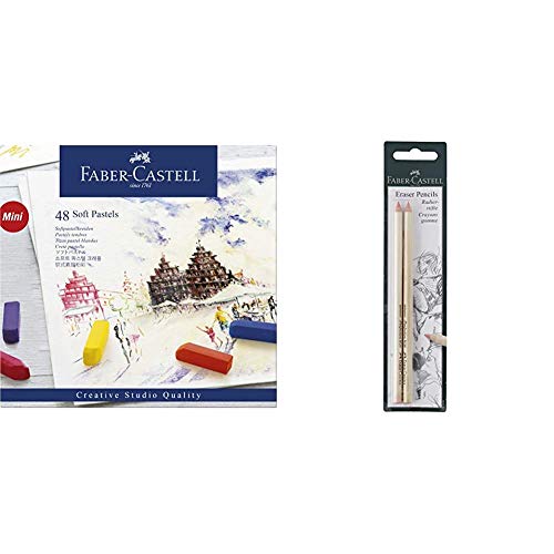 Faber-Castell 128248 - Estuche de cartón con 48 tizas pastel, mini, multicolor + 185698 - Blister lápices goma para borrar, con precisión