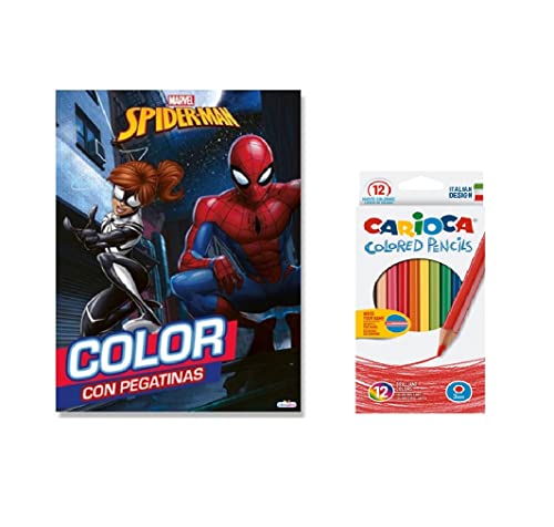 Pack Spiderman Libro de colorear creativo para niños con 12 lápices de colores: dibujos para colorear y pegatinas para decorar. Ideal para niños a partir de 3 años. Tapa blanda.