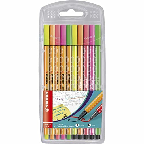 Rotulador puntafina STABILO point 88 y rotulador STABILO Pen 68 . Estuche con 5 unidades de cada - Colores neón