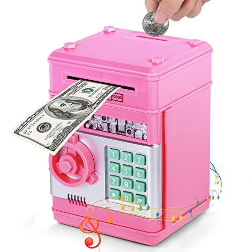 Thedttoy Hucha Electrónica Caja de Dinero para Niñas 3-12 Años, Caja Fuerte Niños Hucha con Código Hucha Cajero Automatico Caja de Monedas Banco, Cumpleaños Regalos de Juguete para Niños Niñas (Rosa)