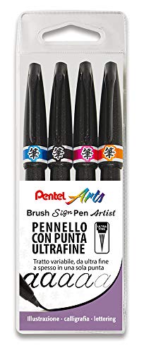 Pentel SESF30C Brush Sign Pen Artist punta de pincel extra fina bolsillo 4 unidades (negro, naranja, rosa, azul)