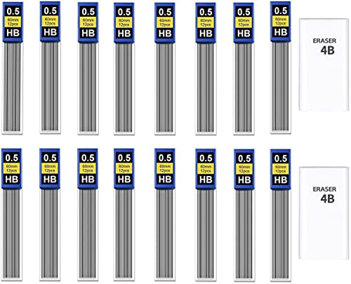 KMEIVOL Minas de lápiz de 0,5 mm, 300 unidades de minas HB de 0,5 mm a prueba de roturas para portaminas (10juegos) y 2 goma de borrar, escribir con fluidez y claridad