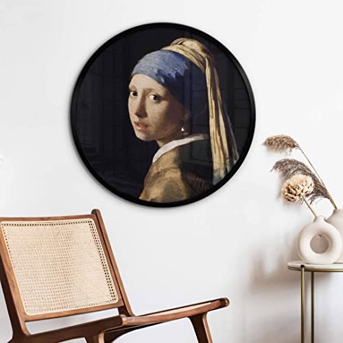 K&L Wall Art Chica con pendientes de perlas póster barroco sala de estar cuadros redondos vintage pintura Vermeer