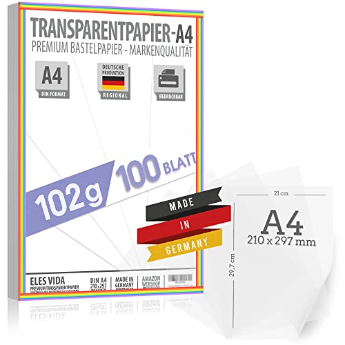 100 hojas de papel DIN A4 transparente PREMIUM 102g para autoimpresión, manualidades - papel de farolillo - papel de calco - papel de calco, película de transferencia para tarjetas de lugar linterna