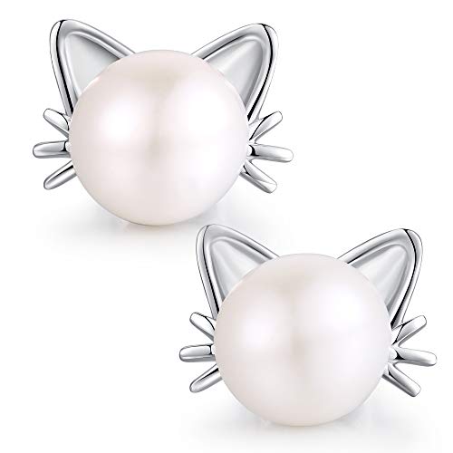Pendientes gato perlas Pendientes mujer plata de perla Pendientes de perlas mujer plata Pendientes pequeños con perla Pendientes gato para mujer niña Aretes de gato perla 8mm