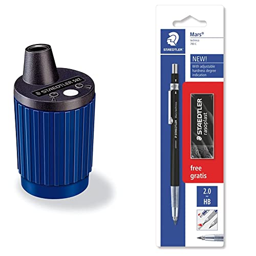 STAEDTLER Mars 502, Afilaminas con Depósito, Caja con Un Afilaminas Automático para Minas de 2 mm + 780 C BKP6ST, Portaminas Técnico con Punta Metálica, Para Minas de 2 Mm de Ancho, Negro